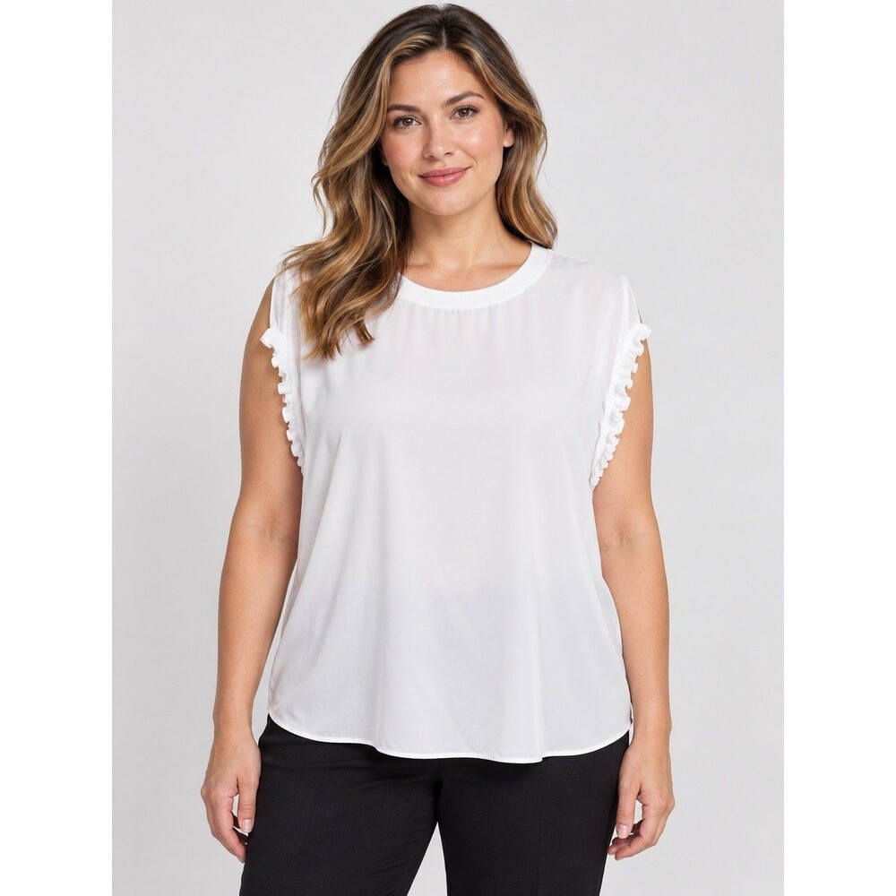 T Tahari White Ruffle Cap Sleeve Blouse Women’s XL Crew Neck E